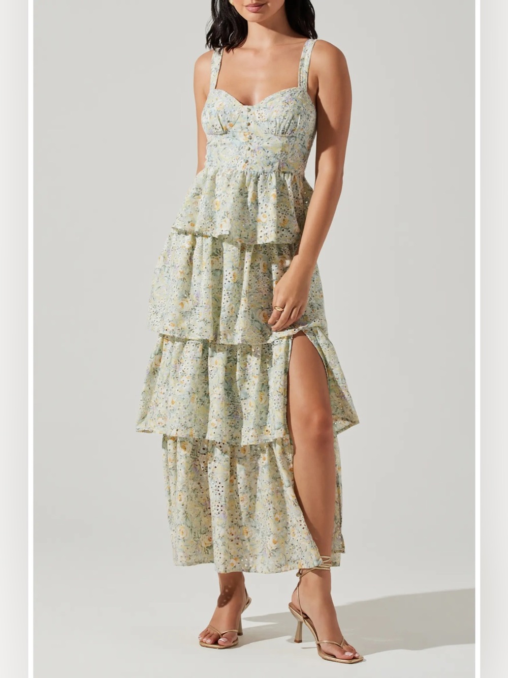 ASTR the Label Midsummer Floral Tiered Cotton Maxi Dress in Light Mint Multi